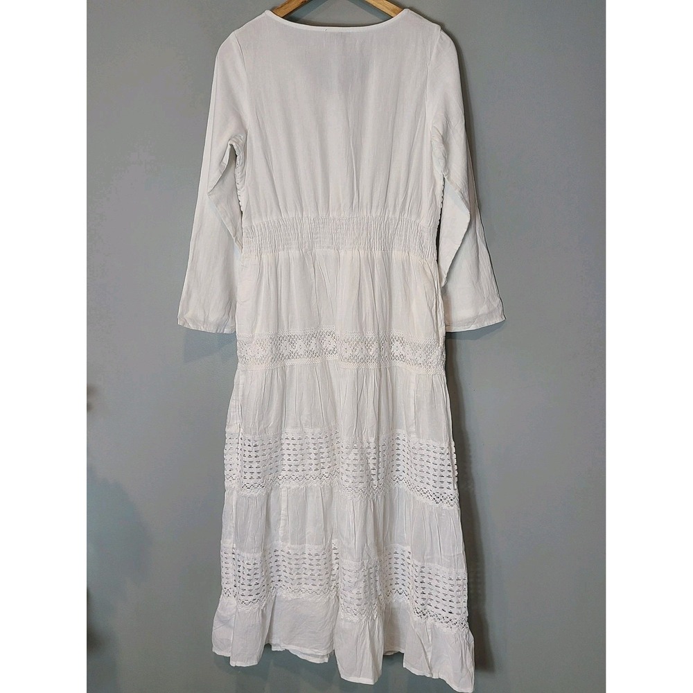 NAOO Cotton White Crochet Lace Tiered Flowy Boho Cottage Maxi Dress Sz M Resort - Picture 8 of 11